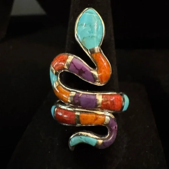 Native made Zuni Multicolor Turquoise Orange Purple Snake Ring - sterling silver - Picture 1 of 9